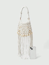 🐚🤍 Fairycore Woven Tote Bag – Striped Beige Shell Decor Mini Top Handle Bag