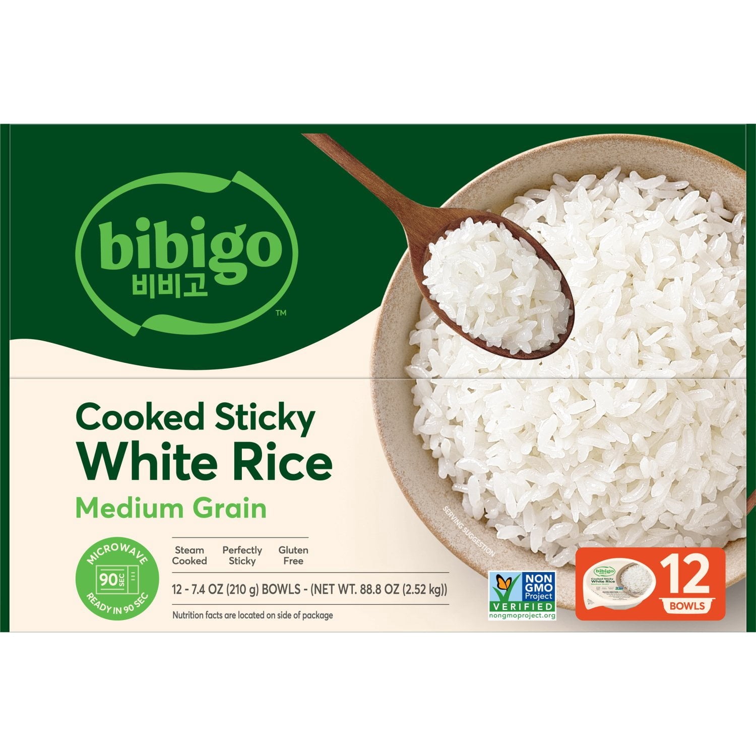 Bibigo Cooked Sticky White Rice, 88.80 oz., 12 PK
