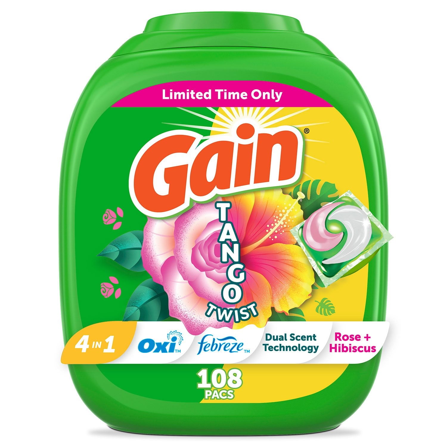Gain Flings Tango Twist Laundry Detergent Pacs, Rose + Hibiscus Scent – 108 Count