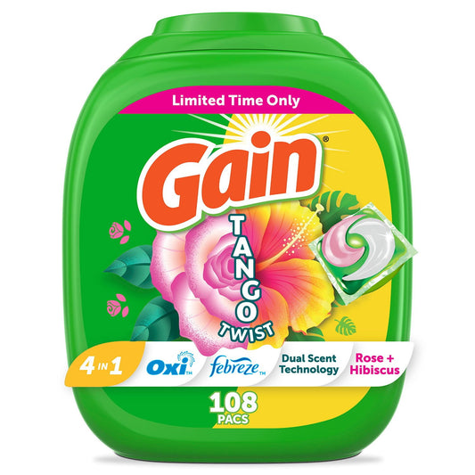 Gain Flings Tango Twist Laundry Detergent Pacs, Rose + Hibiscus Scent – 108 Count