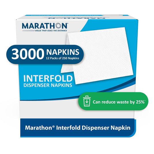 Marathon Interfold 1-Ply White Dispenser Napkins – 12 Pack, 250 napkins/pk