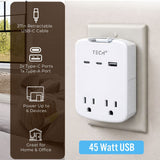 Tech Squared USB Wall Outlet Expander with Built in Retractable Cable