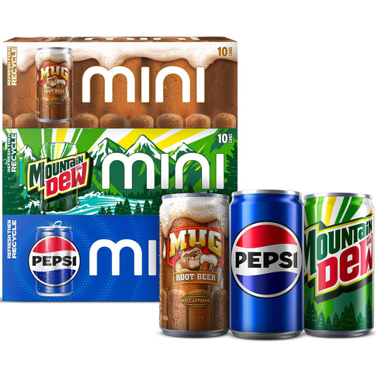 Pepsi, Mountain Dew and Mug Root Beer Soda Mini Variety Pack, 7.5 fl oz., 30 pk.