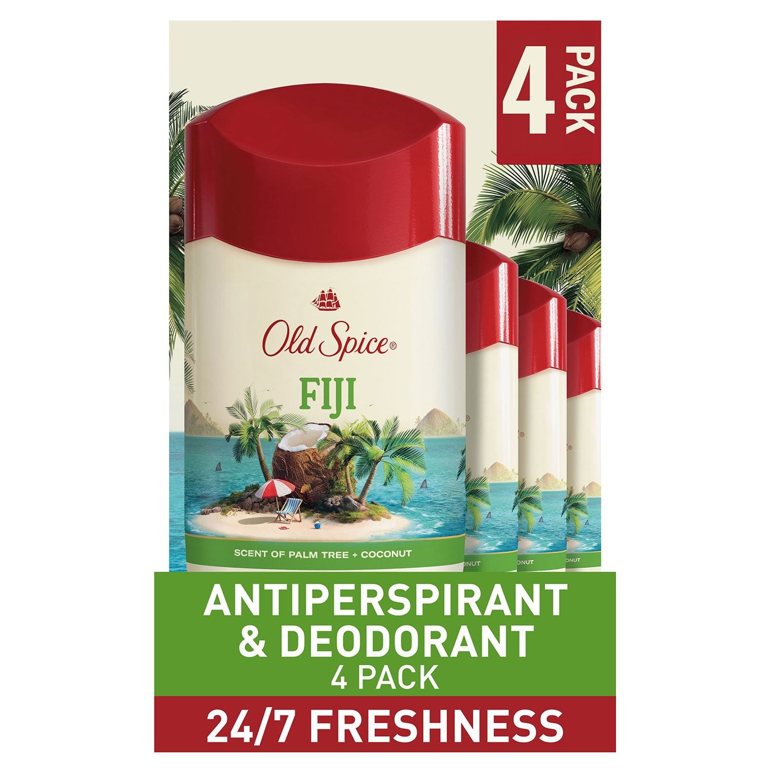 Old Spice Fiji Antiperspirant Deodorant, Palm Tree + Coconut – 2.6 oz, 4 Pack