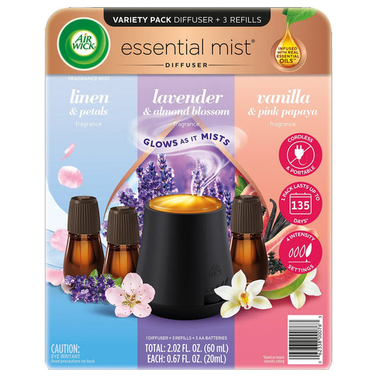 Air Wick Essential Mist Cordless Oil Diffuser, Fragrance Variety Pack, 1 Diffuser + 3 Refills