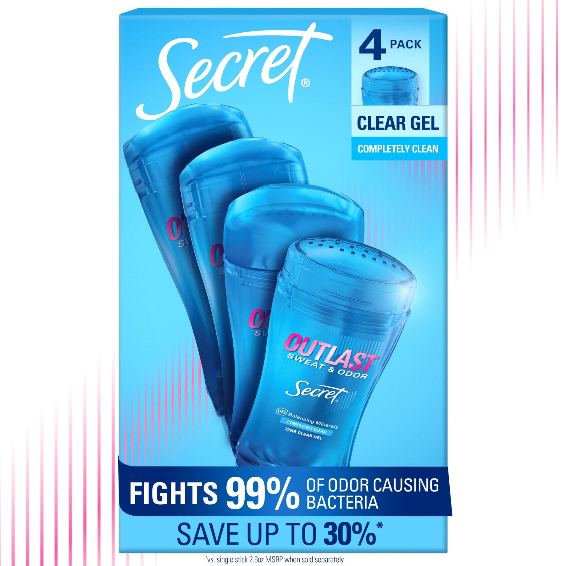Secret Outlast Clear Gel Deodorant, Completely Clean – 2.6 oz, 4 Pack