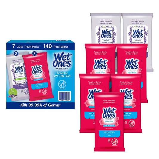 Wet Ones Antibacterial Hand Wipes, Fresh Scent & Lavender – 20 Count, 7 Pack