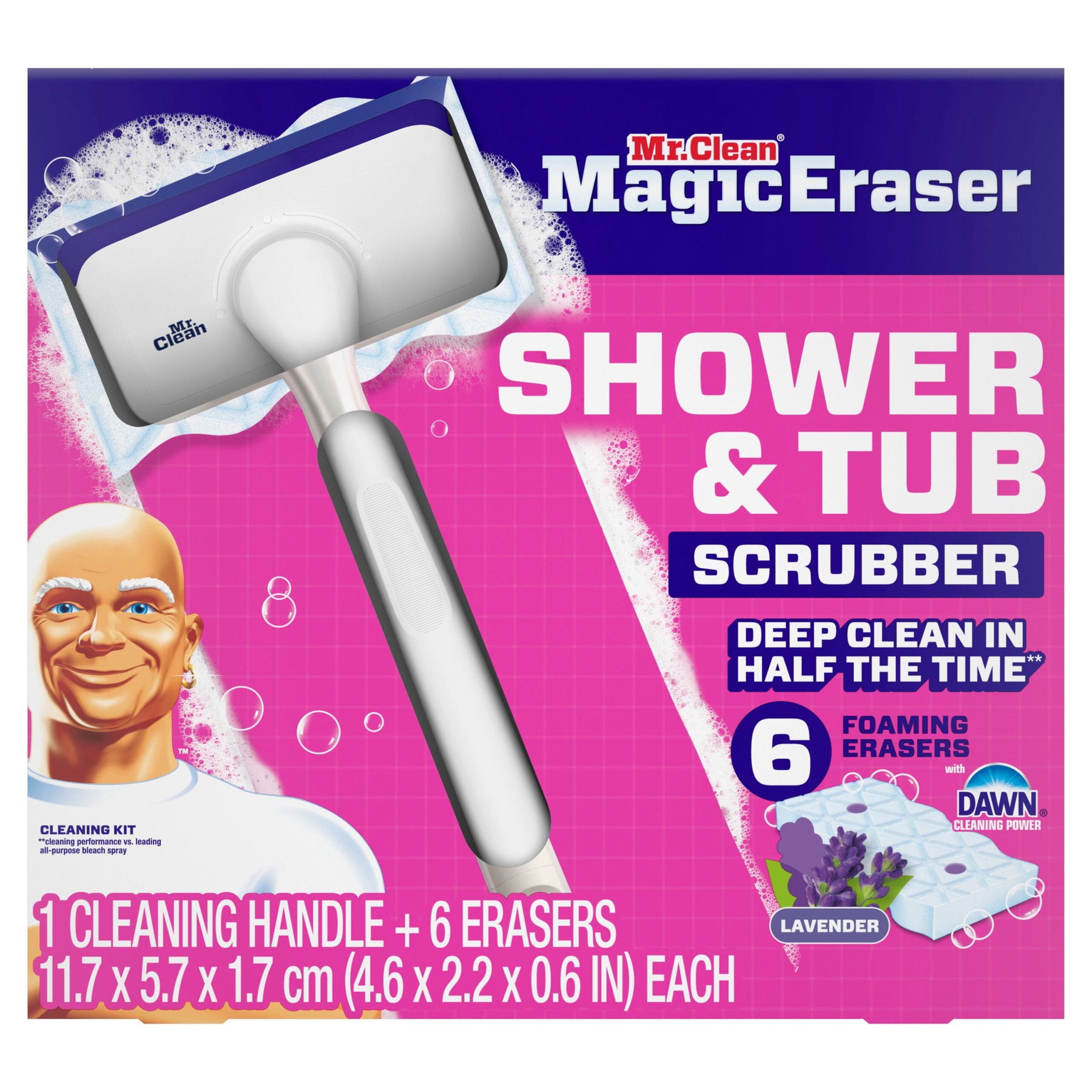 Mr. Clean Magic Eraser Shower & Tub Scrubber Starter Kit, Lavender, 1 Scrubber + 6 Erasers