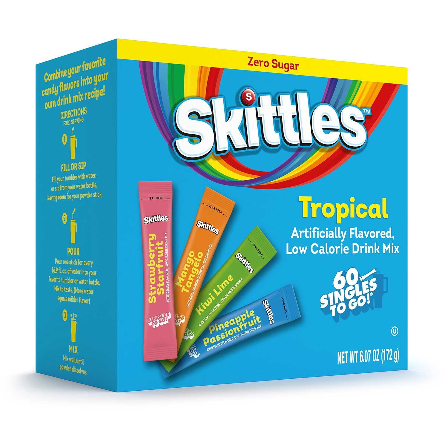 Skittles Zero Sugar Tropical Powdered Drink Mix Variety Pack, 60 pk.