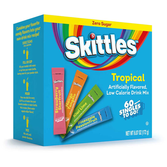 Skittles Zero Sugar Tropical Powdered Drink Mix Variety Pack, 60 pk.