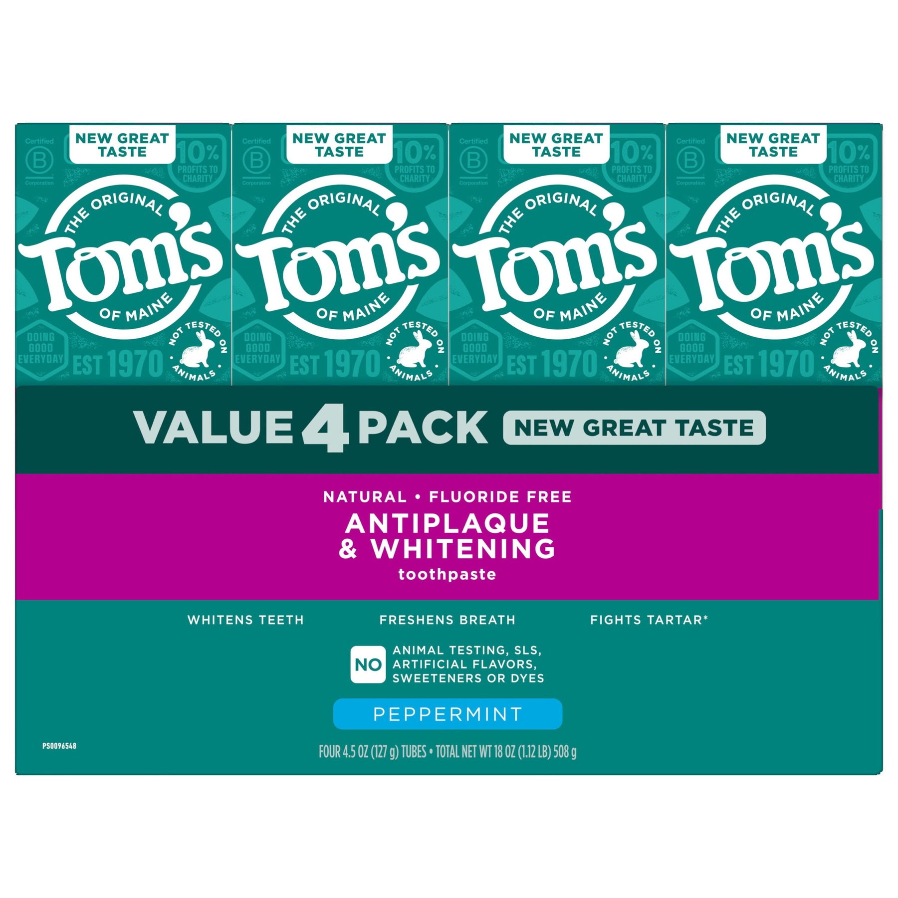 Tom's of Maine Fluoride-Free Antiplaque & Whitening Toothpaste, 4.5 oz., 4 pk.