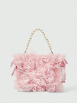 🎀💖 Pink Mesh Bow & Faux Pearl Chain Handbag
