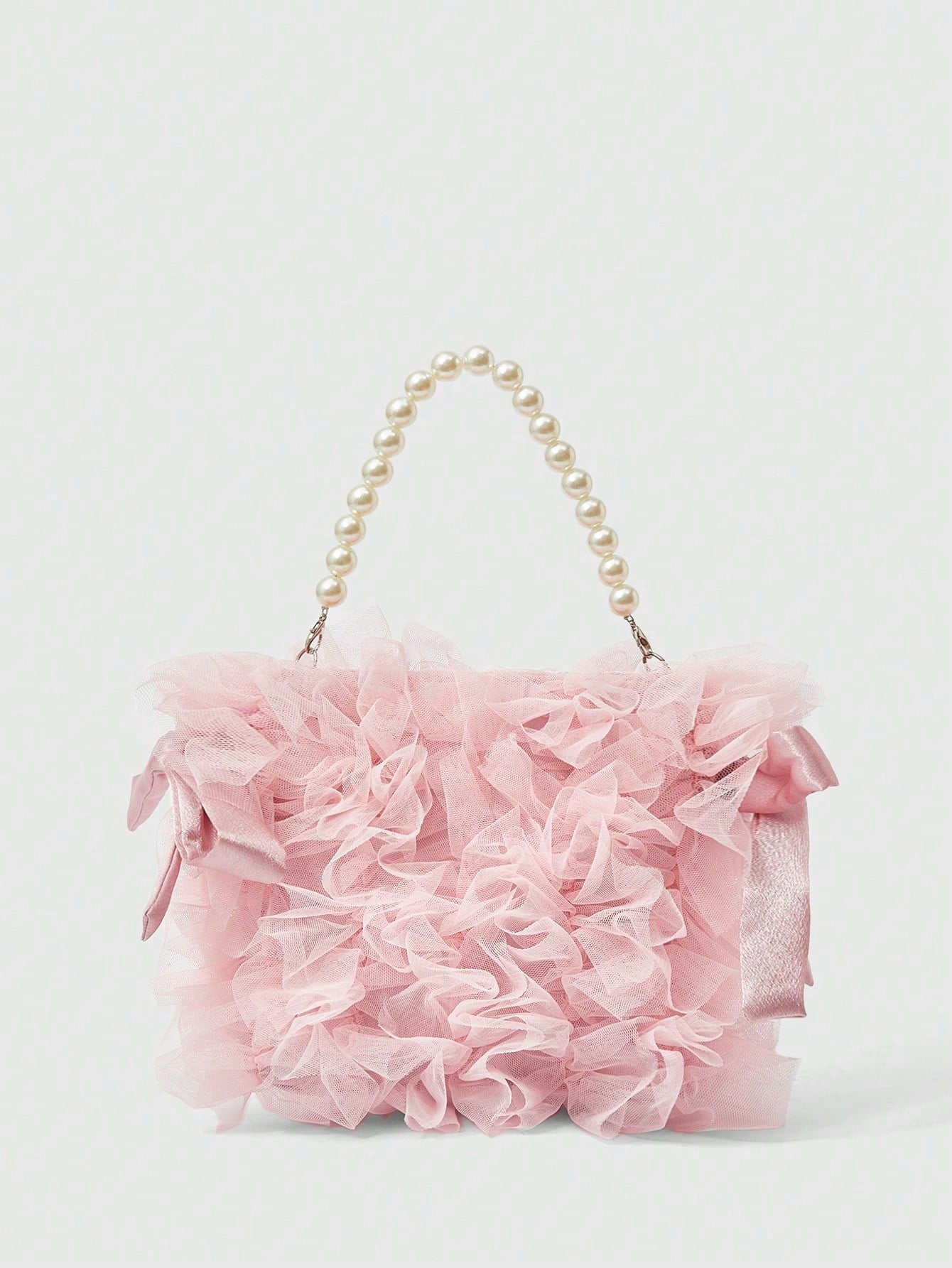 🎀💖 Pink Mesh Bow & Faux Pearl Chain Handbag