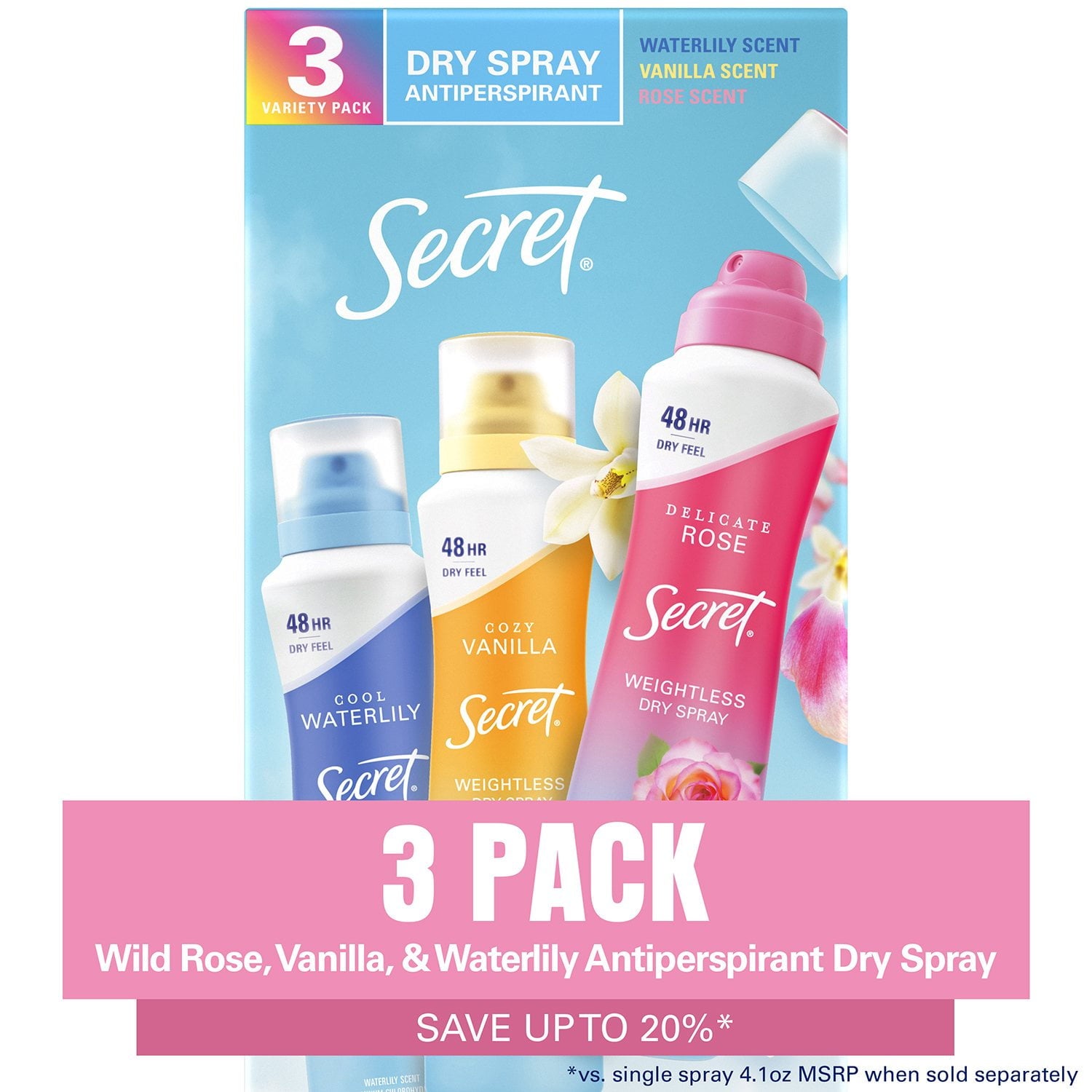 Secret Dry Spray Women's Antiperspirant Deodorant, Vanilla, Wild Rose & Waterlily – 4.1 oz, 3 Pack