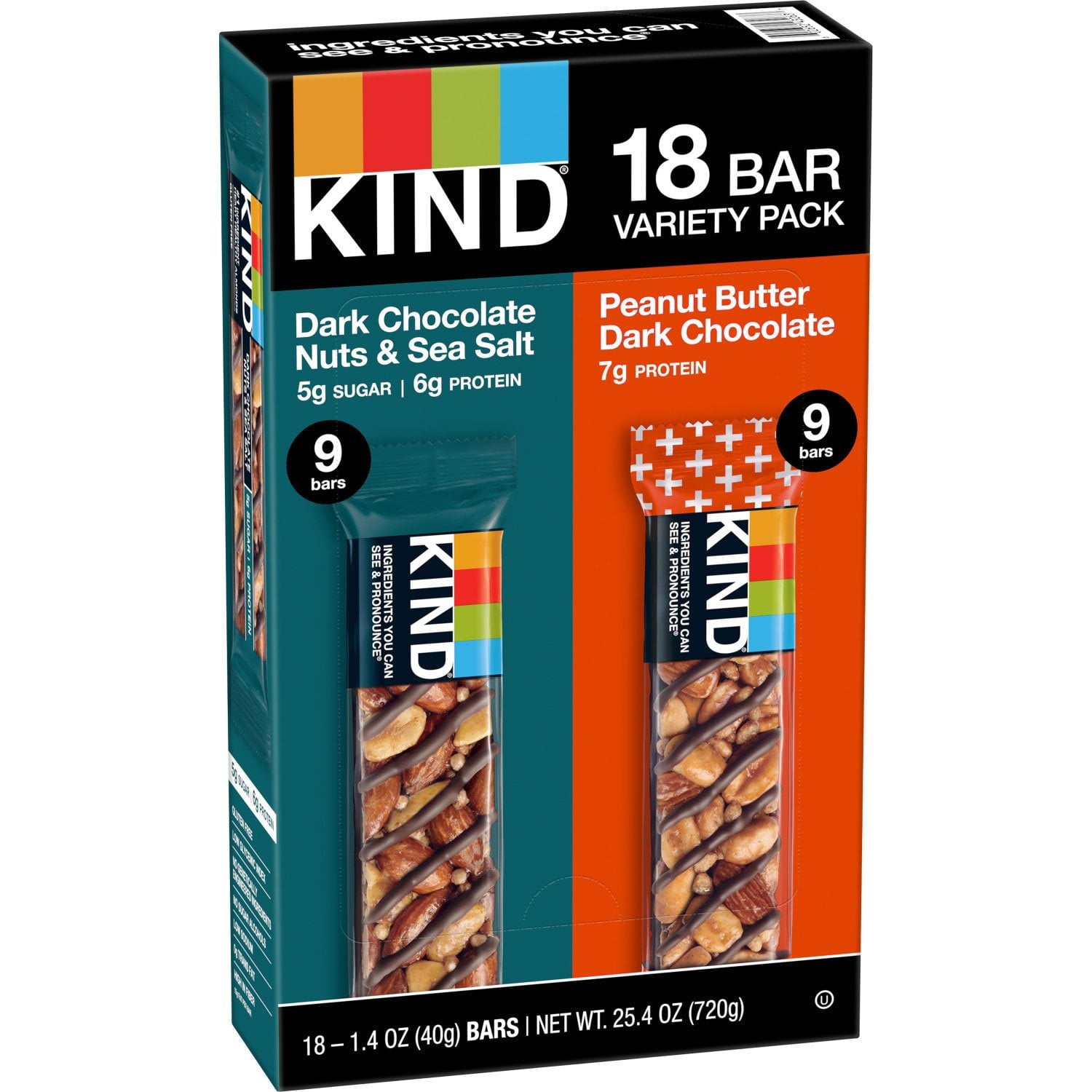 KIND Snack Bars Variety Pack, Dark Chocolate Nuts &amp; Sea Salt and Peanut Butter Dark Chocolate, 18 ct.