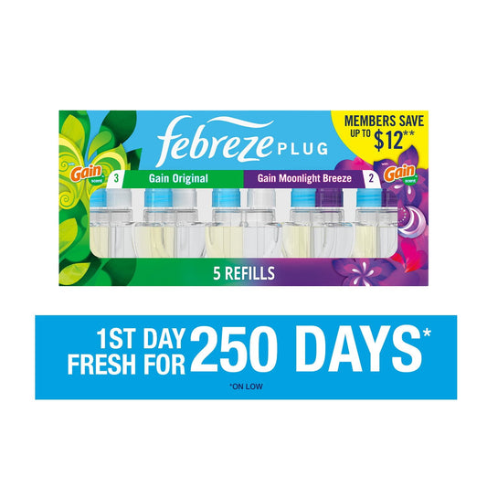 Febreze Plug Air Freshener, Gain Original + Gain Moonlight Breeze, 5 refills, 4.35 fl. oz