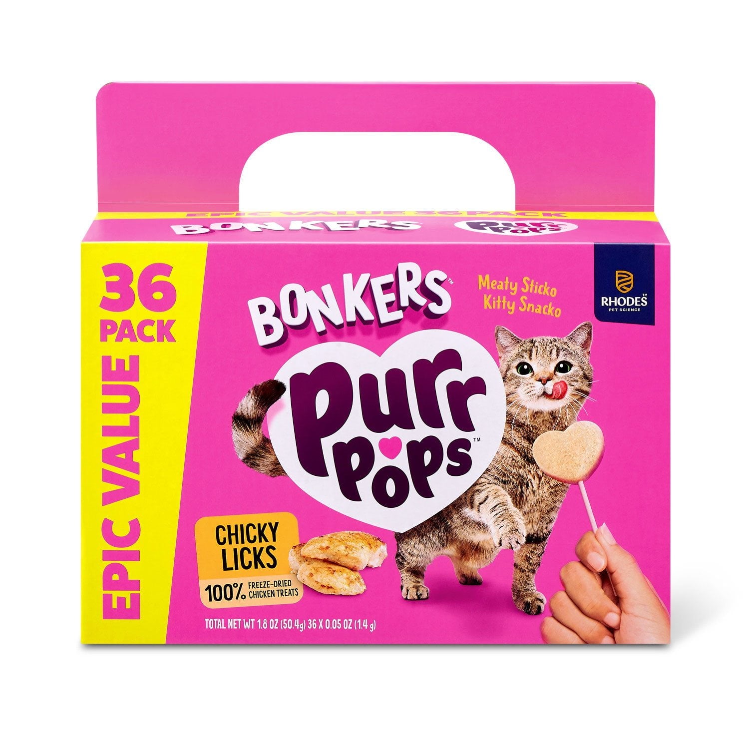 BONKERS Purrpops, Freeze Dried Chicken Flavored Lollipop Cat Treats, 36 pk