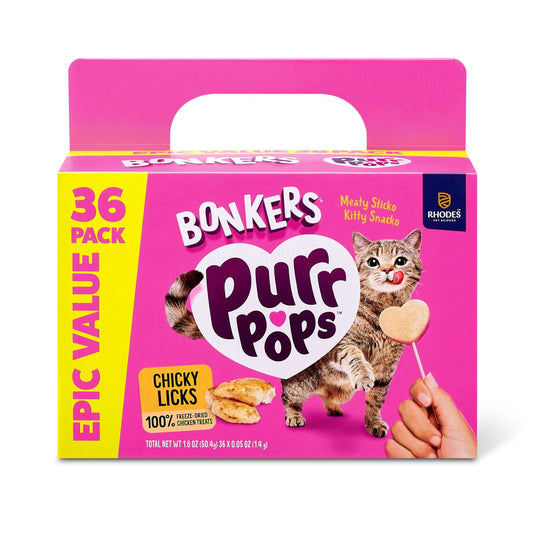 BONKERS Purrpops, Freeze Dried Chicken Flavored Lollipop Cat Treats, 36 pk