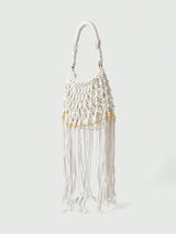 🐚🤍 Fairycore Woven Tote Bag – Striped Beige Shell Decor Mini Top Handle Bag