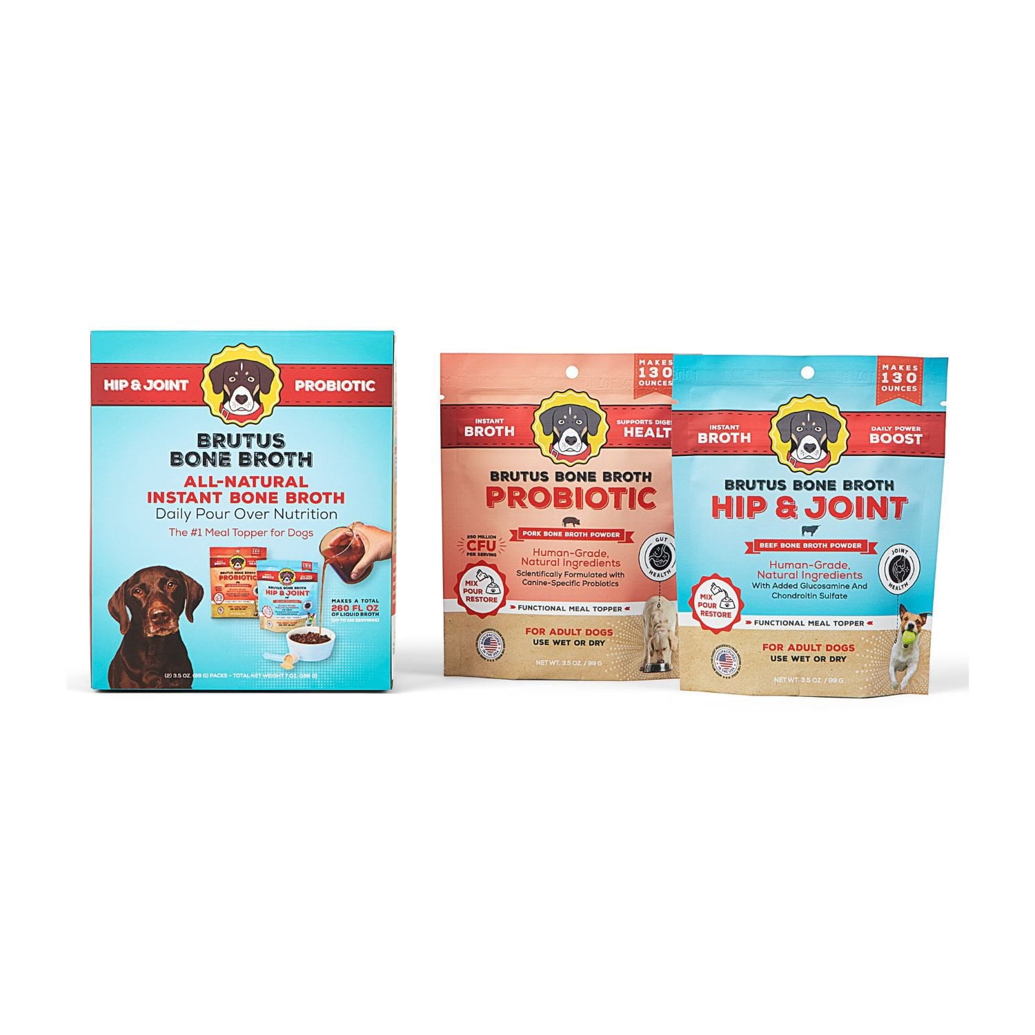 Brutus Bone Broth, Beef Powder Hip & Joint & Pork Probiotic Powder Variety Pack,