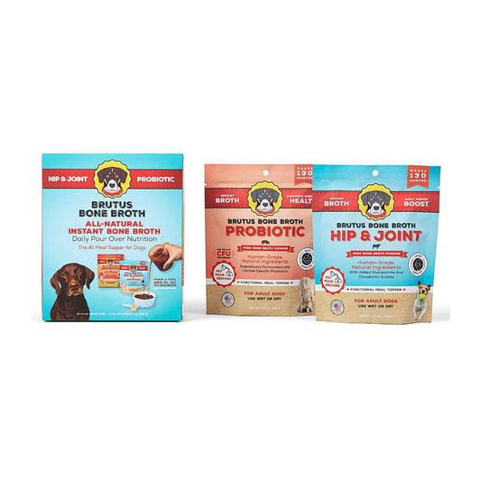 Brutus Bone Broth, Beef Powder Hip & Joint & Pork Probiotic Powder Variety Pack,