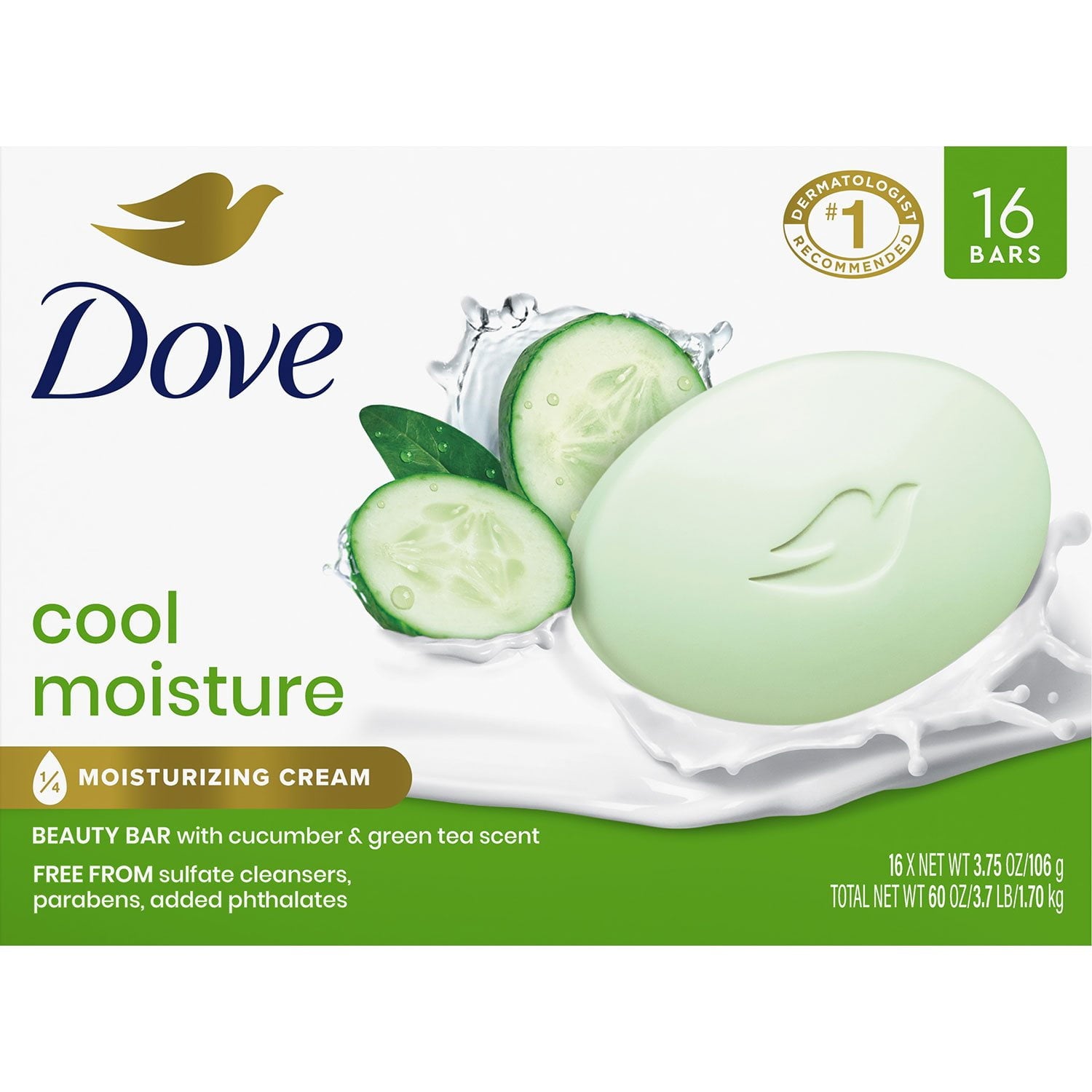 Dove Go Fresh Beauty Bar, Cool Moisture – 3.75 oz, 16 Count