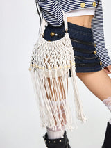 🐚🤍 Fairycore Woven Tote Bag – Striped Beige Shell Decor Mini Top Handle Bag