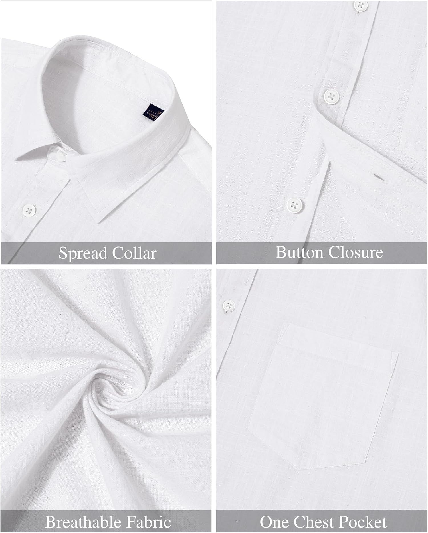 Men’s White Linen Blend Short Sleeve Shirt with Pocket – Large