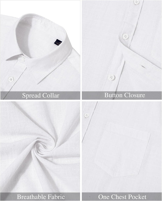 Men’s White Linen Blend Short Sleeve Shirt with Pocket – Large