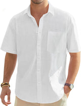 Men’s White Linen Blend Short Sleeve Shirt with Pocket – Large