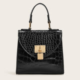 Black Croc Mini Satchel 🖤 Chain & Top Handle Bag ✨ Metal Lock Chic