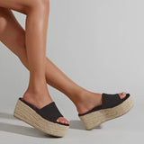 💛🖤 Espadrille Platform Wedge Slide Sandals Black/Tan - US 7.5