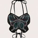 Black Rhinestone Butterfly Halter Top 🦋✨ Backless Party Crop