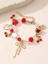 🍒 Cherry Heart Bow Charm Bracelet Gold Tone Cute Coquette