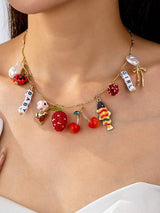 Cherry Strawberry Charm Necklace Bow Pearl Fruit Pendant Jewelry