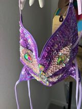 🦋 Purple Sequin Butterfly Halter Crop Top One Size