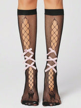 🖤 Pink Bow Fishnet Knee High Socks One Size