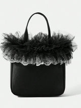 🖤 Black Satin Mini Tote Bag w/ Tulle Lace Ruffle