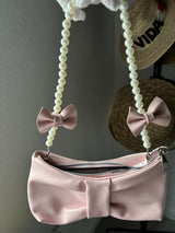 🎀 Pink Bow Pearl Handle Faux Leather Handbag Clutch Purse