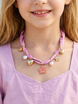 Pink Paisley Scarf Necklace with Heart Flower & Pearl Charms 🌸