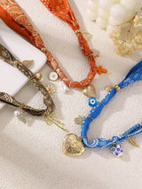 ✨ 3PC Boho Bandana Charm Necklace Set Heart Cross Evil Eye Butterfly Floral 🌼💙