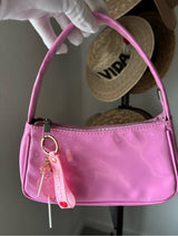 Y2K Pink Patent Shoulder Bag w/ Kawaii Charm Baguette Purse Cute Glossy