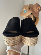 Black Espadrille Platform Slide Sandals Wedge Raffia Women’s US 8 EU 38