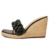 🖤🌴 Braided Espadrille Wedge Slide Sandals Black US 8
