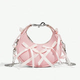 Pink Bowknot Top Handle Crossbody Bag – Lace-Up Ballet Style Y2K Retro Teen