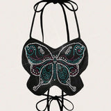 Black Rhinestone Butterfly Halter Top 🦋✨ Backless Party Crop