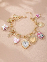 ✨ Boho Floral Charm Bracelet Faux Watch Heart Bow Gold Multicolor