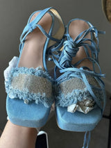 💎 Denim Rhinestone Lace Up Platform Heels EU37 US6.5/7