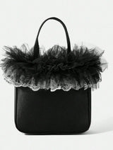 🖤 Black Satin Mini Tote Bag w/ Tulle Lace Ruffle