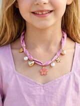 Pink Paisley Scarf Necklace with Heart Flower & Pearl Charms 🌸